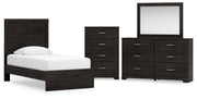 Belachime Twin Panel Bed with Mirrored Dresser and Chest in Charcoal - PKG016001