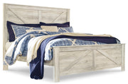 Bellaby King Crossbuck Panel Bed with Mirrored Dresser and 2 Nightstands in Whitewash - PKG004700