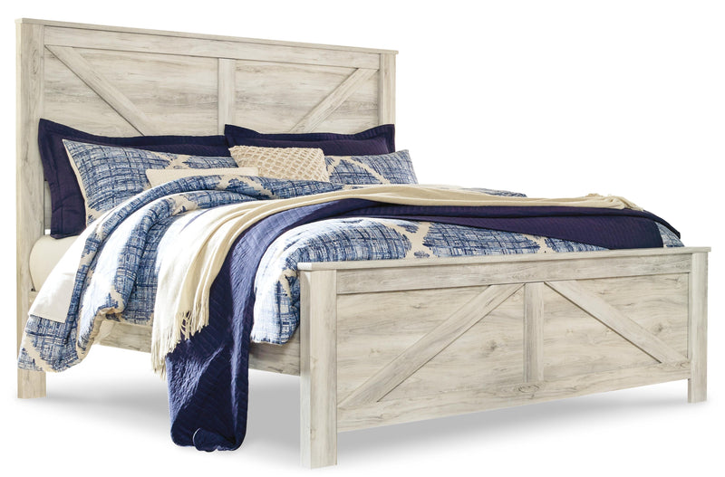 Bellaby King Crossbuck Panel Bed with Mirrored Dresser and Chest in Whitewash - PKG004703