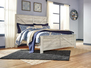 Bellaby King Crossbuck Panel Bed with Mirrored Dresser and Chest in Whitewash - PKG004703