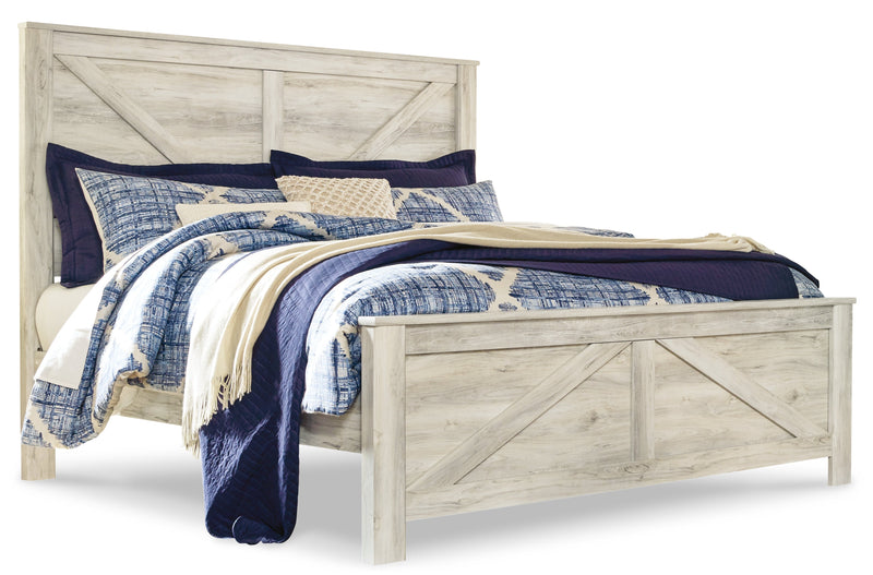 Bellaby King Crossbuck Panel Bed with Mirrored Dresser, Chest and 2 Nightstands in Whitewash from Ashley - Lara Furniture