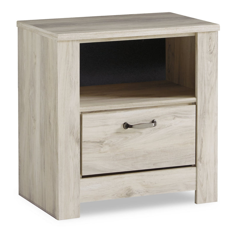 Bellaby King Crossbuck Panel Bed with Mirrored Dresser, Chest and Nightstand in Whitewash - PKG004704