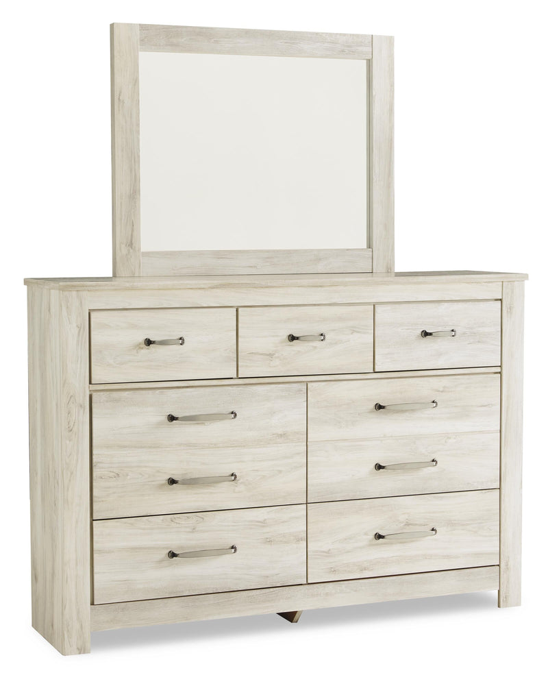 Bellaby King Panel Bed with Mirrored Dresser, Chest and Nightstand in Whitewash - PKG004738