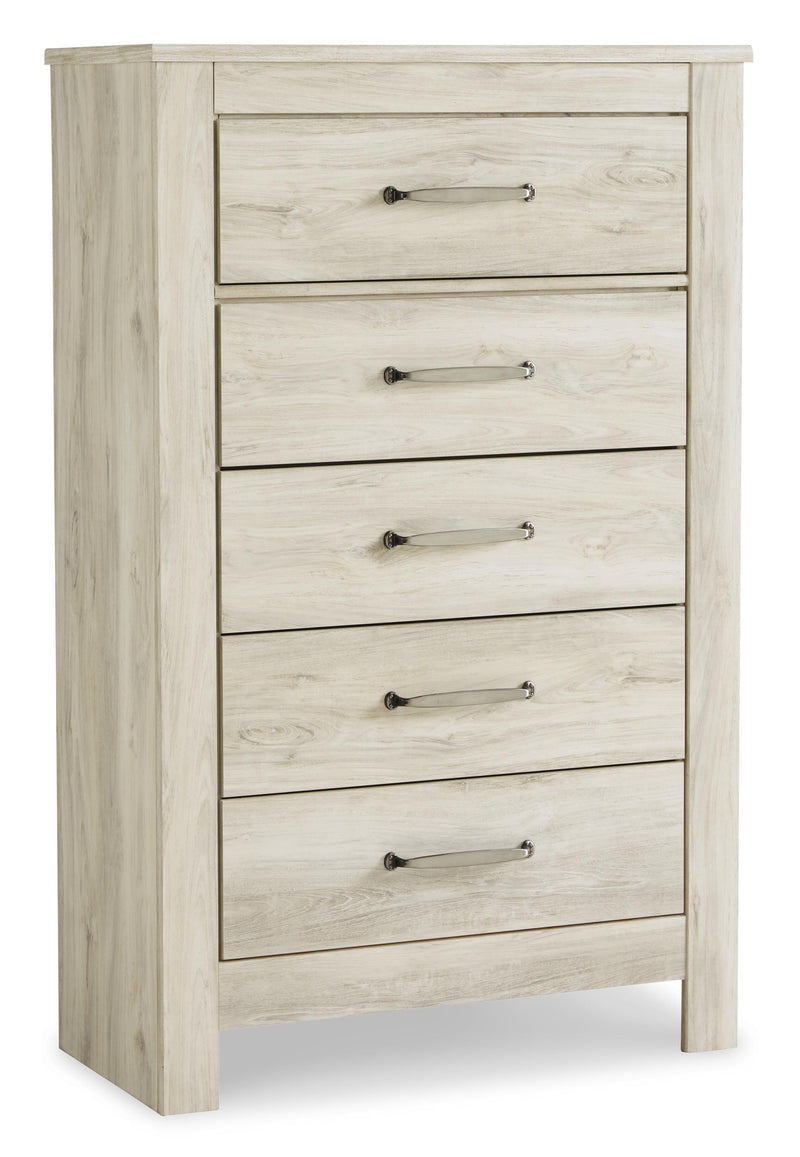 Bellaby King Panel Bed with Mirrored Dresser, Chest and Nightstand in Whitewash - PKG004738