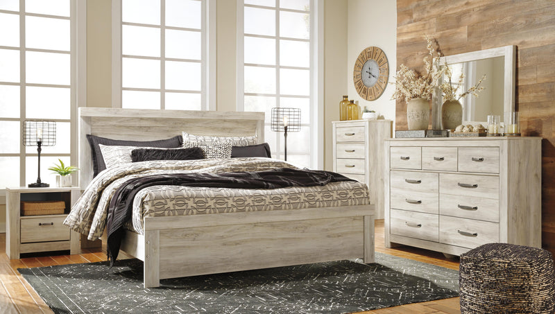 Bellaby King Panel Bed with Mirrored Dresser, Chest and Nightstand in Whitewash - PKG004738