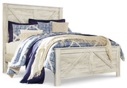 Bellaby Queen Crossbuck Panel Bed with Mirrored Dresser, Chest and Nightstand in Whitewash from Ashley - Lara Furniture