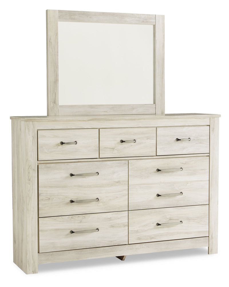 Bellaby Queen Platform Bed with 2 Storage Drawers with Mirrored Dresser, Chest and 2 Nightstands in Whitewash from Ashley - Lara Furniture