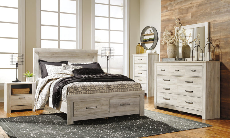 Bellaby Queen Platform Bed with 2 Storage Drawers with Mirrored Dresser, Chest and 2 Nightstands in Whitewash from Ashley - Lara Furniture