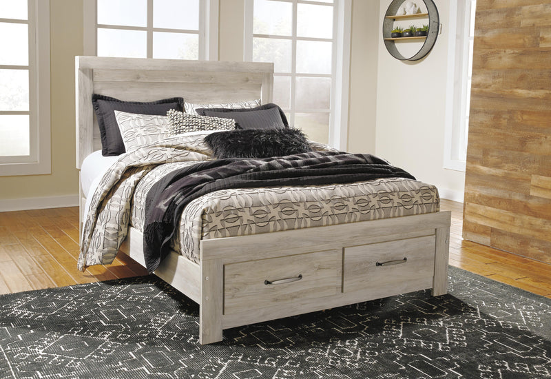 Bellaby Queen Platform Bed with 2 Storage Drawers with Mirrored Dresser in Whitewash - PKG004719
