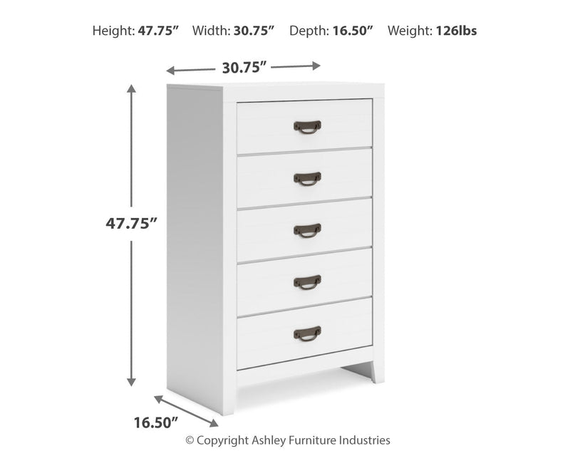 Binterglen King Panel Bed with Mirrored Dresser and Chest in White from Ashley - Lara Furniture