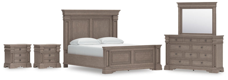 Blairhurst California King Panel Bed, Dresser, Mirror and 2 Nightstands in Light Grayish Brown - PKG017010