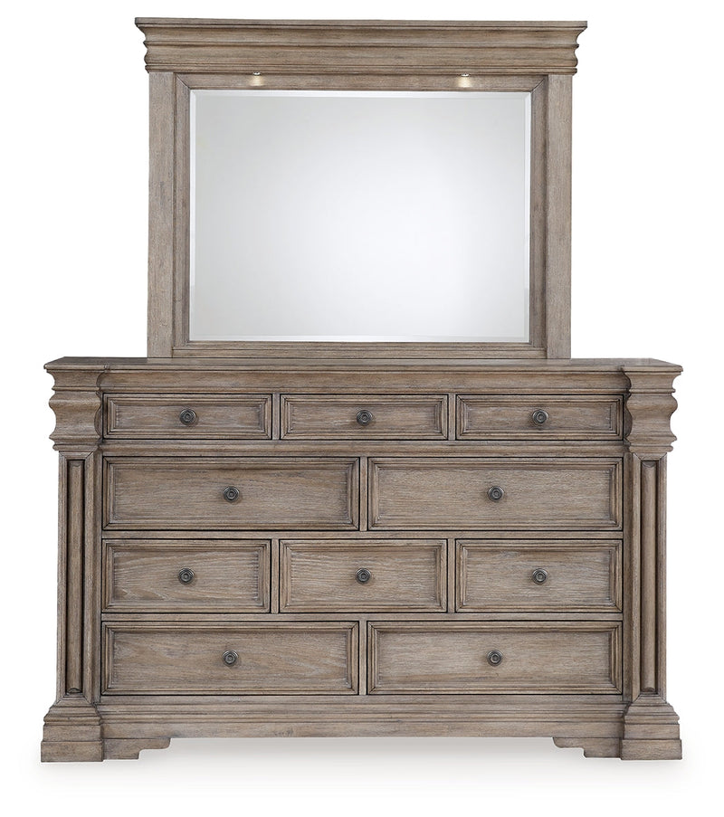Blairhurst King Panel Bed with Mirrored Dresser, Chest and Nightstand in Light Grayish Brown from Ashley - Lara Furniture