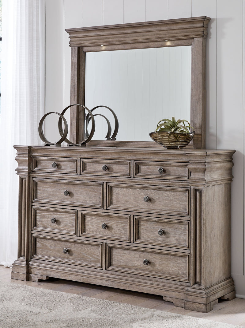 Blairhurst King Panel Bed with Mirrored Dresser, Chest and Nightstand in Light Grayish Brown from Ashley - Lara Furniture