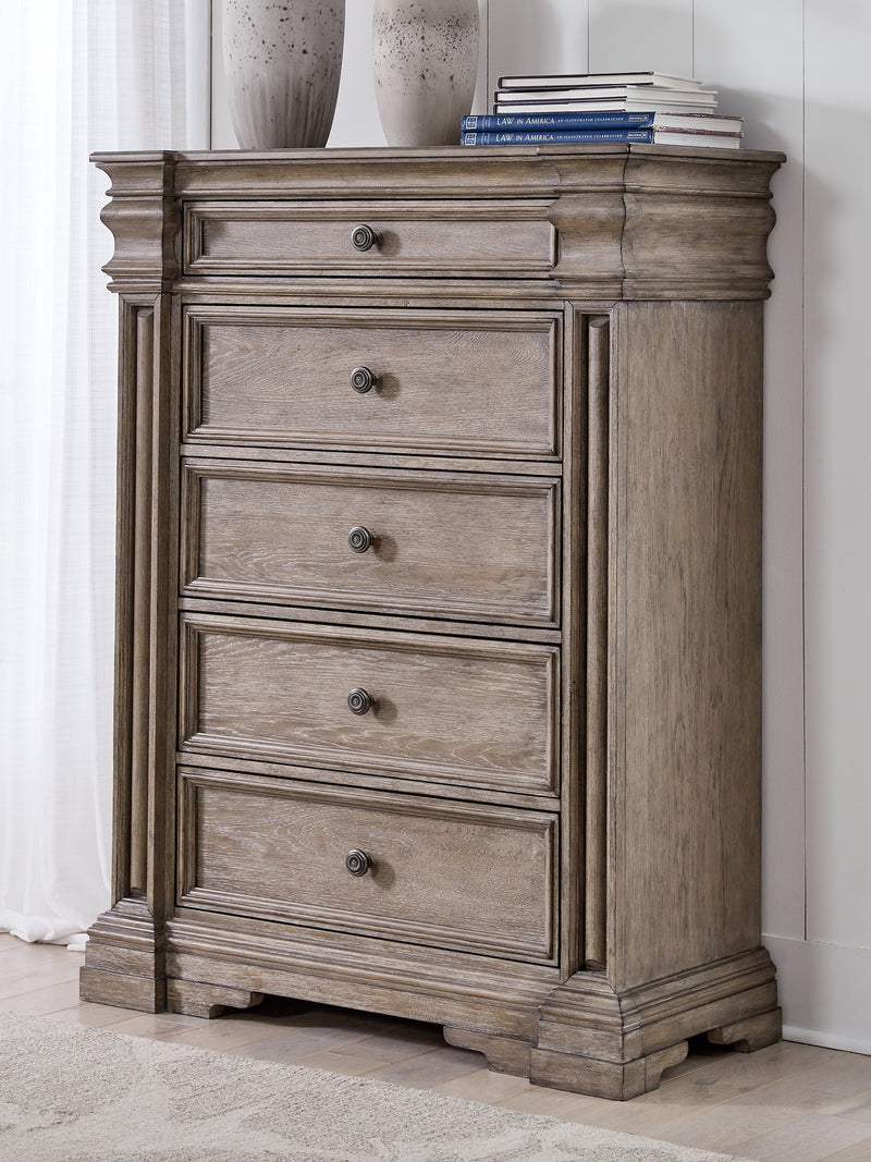 Blairhurst King Panel Bed with Mirrored Dresser, Chest and Nightstand in Light Grayish Brown from Ashley - Lara Furniture