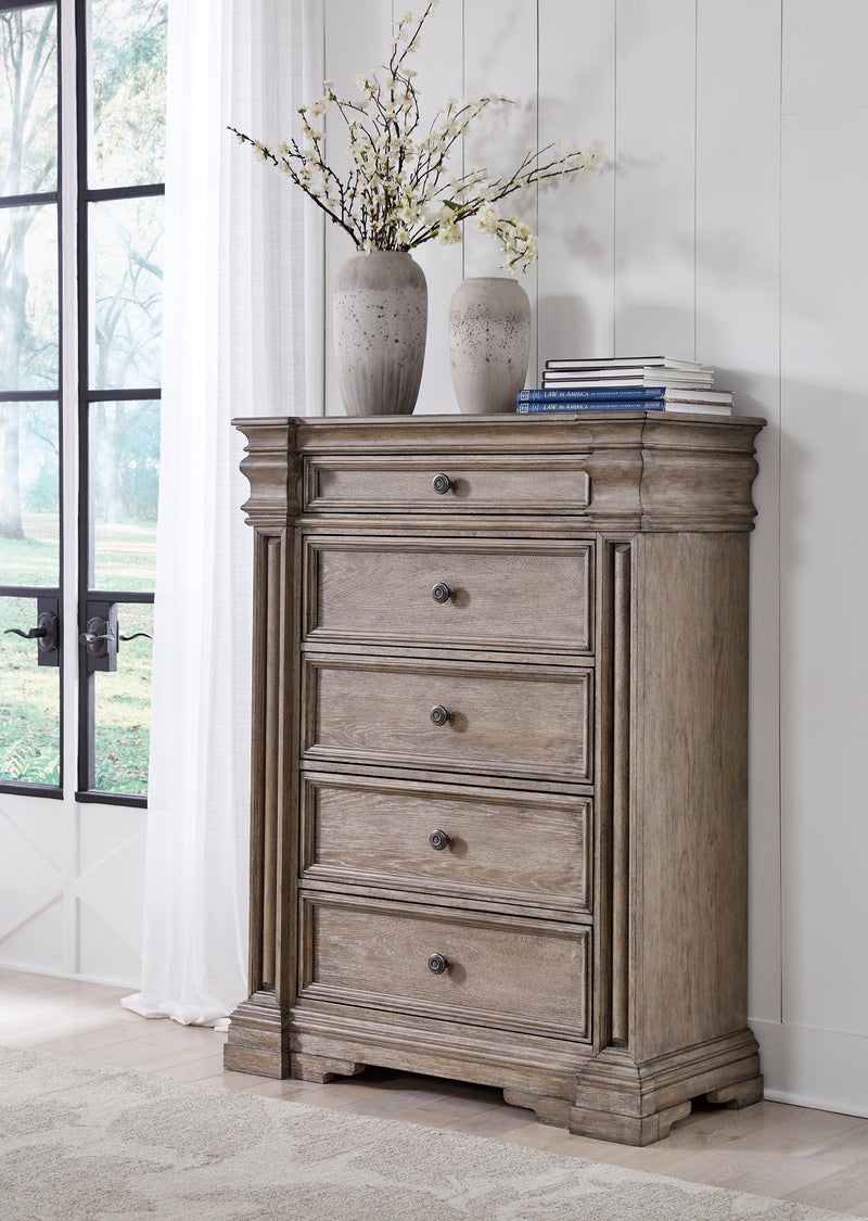 Blairhurst King Panel Bed with Mirrored Dresser, Chest and Nightstand in Light Grayish Brown from Ashley - Lara Furniture