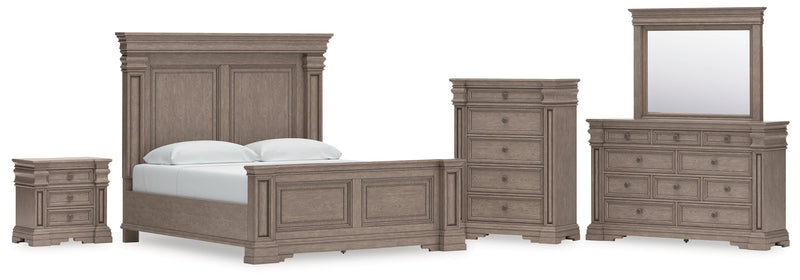Blairhurst King Panel Bed with Mirrored Dresser, Chest and Nightstand in Light Grayish Brown from Ashley - Lara Furniture