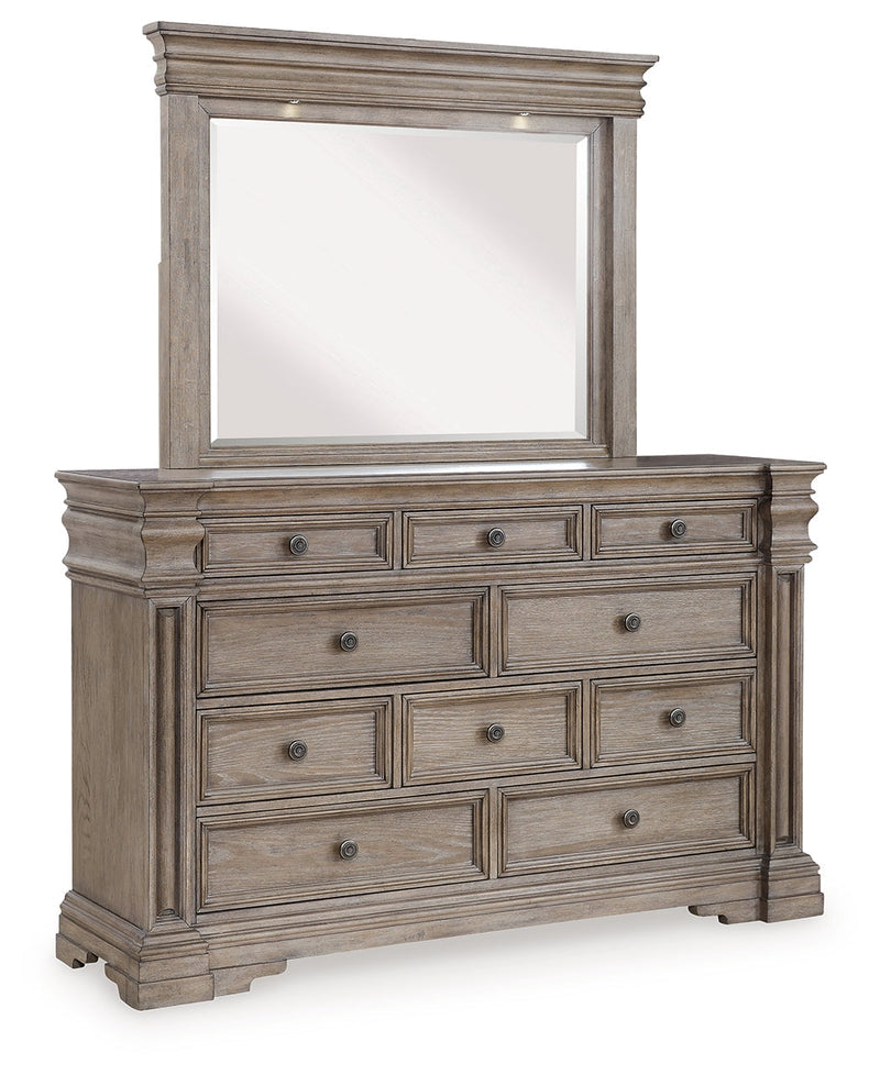 Blairhurst King Panel Bed with Mirrored Dresser, Chest and Nightstand in Light Grayish Brown from Ashley - Lara Furniture