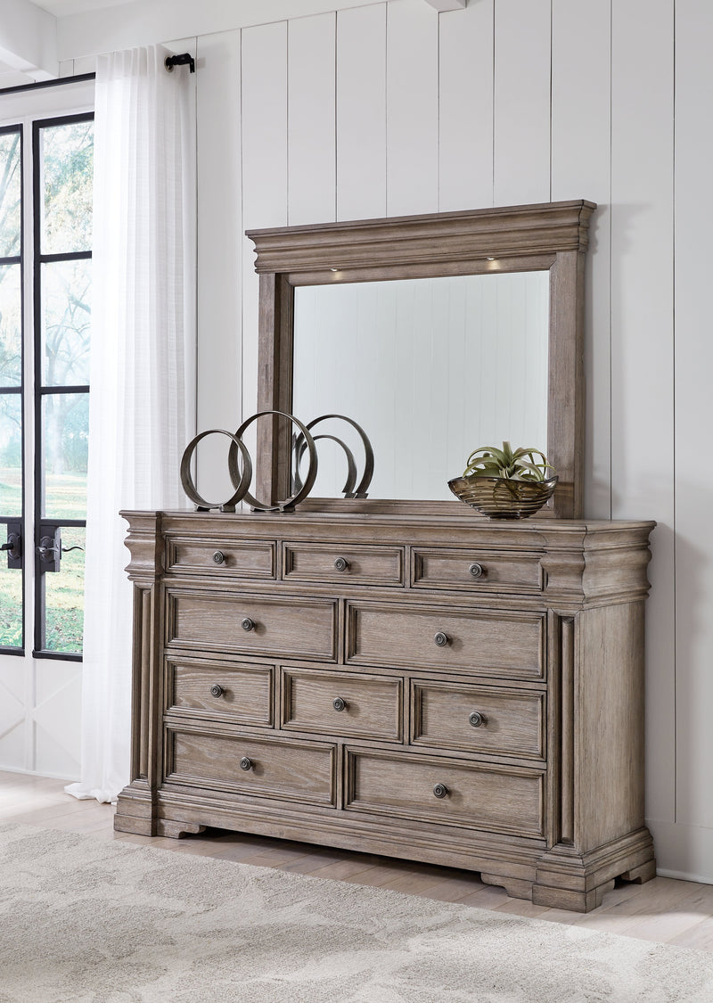 Blairhurst Queen Panel Bed with Mirrored Dresser and Chest in Light Grayish Brown from Ashley - Lara Furniture