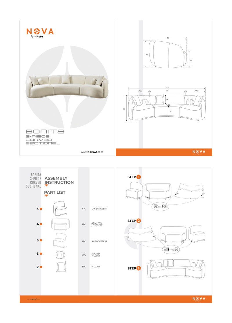 Bonita Ivory Boucle 3 - Piece Curved Sectional - Lara FurnitureSectional