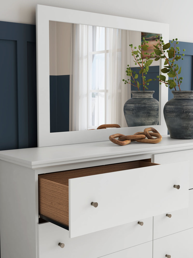 Bostwick Shoals King Panel Bed with Mirrored Dresser and Nightstand in White from Ashley - Lara Furniture