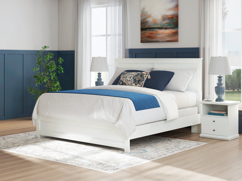 Bostwick Shoals King Panel Bed with Mirrored Dresser and Nightstand in White from Ashley - Lara Furniture