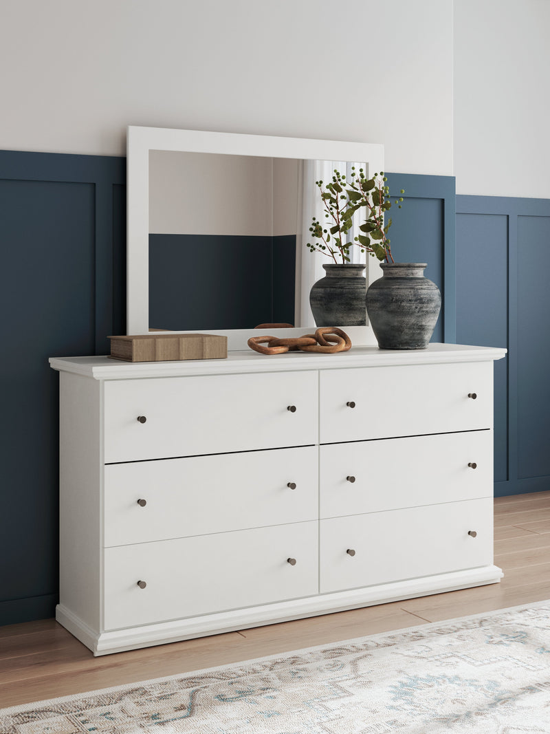 Bostwick Shoals Queen Panel Bed with Mirrored Dresser and Nightstand in White from Ashley - Lara Furniture