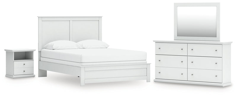 Bostwick Shoals Queen Panel Bed with Mirrored Dresser and Nightstand in White from Ashley - Lara Furniture