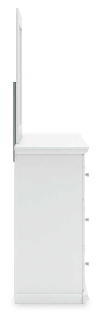 Bostwick Shoals Queen Panel Bed with Mirrored Dresser and Nightstand in White from Ashley - Lara Furniture