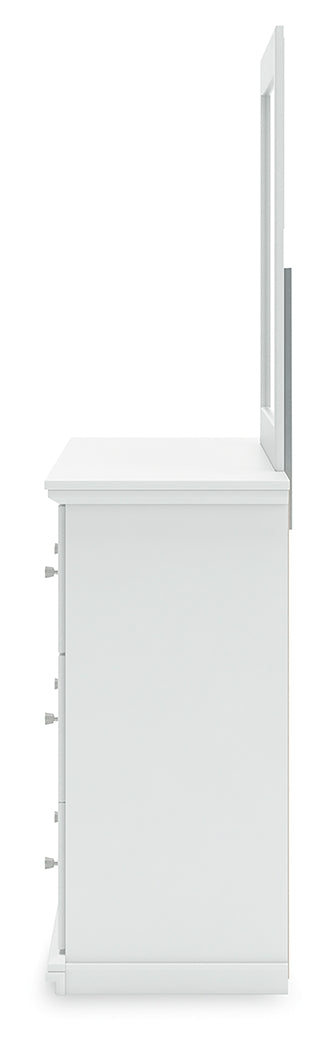 Bostwick Shoals Queen Panel Bed with Mirrored Dresser and Nightstand in White from Ashley - Lara Furniture