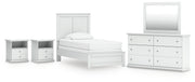 Bostwick Shoals Twin Panel Bed, Dresser, Mirror and 2 Nightstands in White - PKG021556