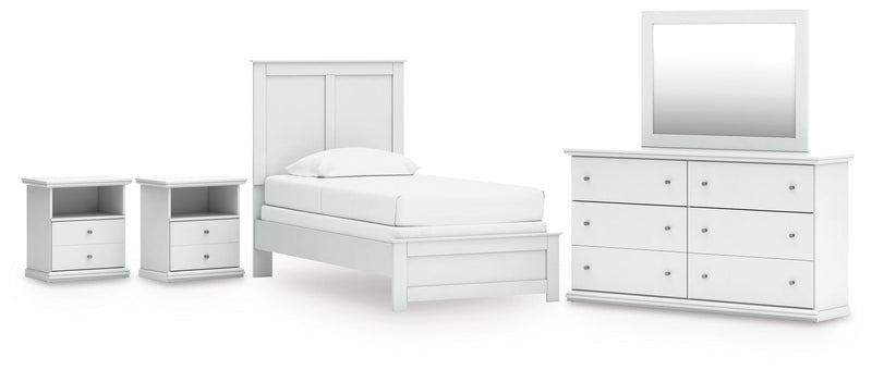 Bostwick Shoals Twin Panel Bed, Dresser, Mirror and 2 Nightstands in White - PKG021556