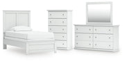 Bostwick Shoals Twin Panel Bed, Dresser, Mirror and Chest in White - PKG021559