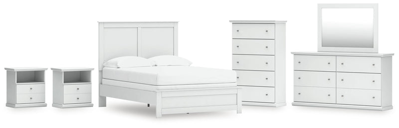 Bostwick Shoals White Full Panel Bed, Dresser, Mirror, Chest, and 2 Nightstands - B139B62