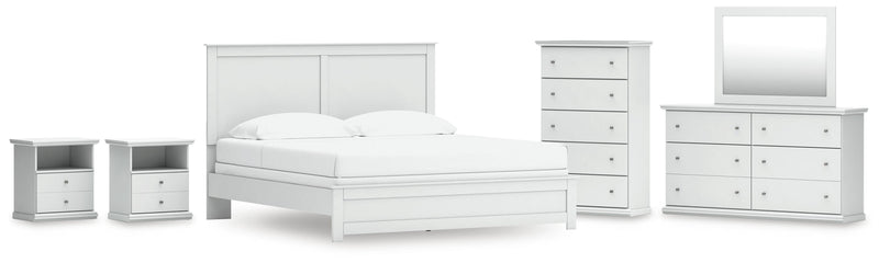 Bostwick Shoals White King Panel Bed, Dresser, Mirror, Chest and 2 Nightstands - B139B53