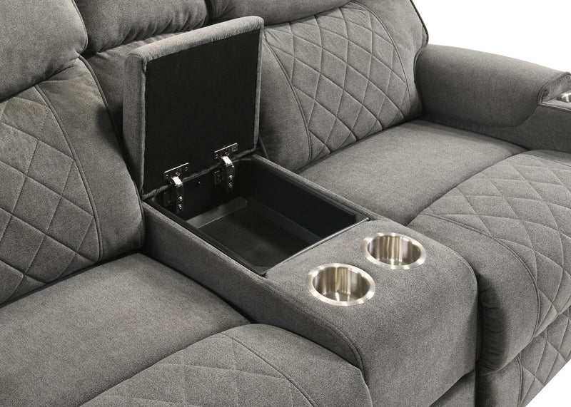Brande - Gray Manual Recliner Loveseat with Storage Console, Power Source, Cup Holder - L655-L