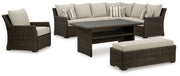 Brook Ranch Outdoor Sectional Set with Lounge Chair and Coffee Table in Brown from Ashley - Lara Furniture