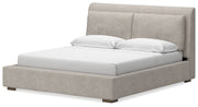 Cabalynn California King Upholstered Bed with Chest and Nightstand in Light Brown from Ashley - Lara Furniture