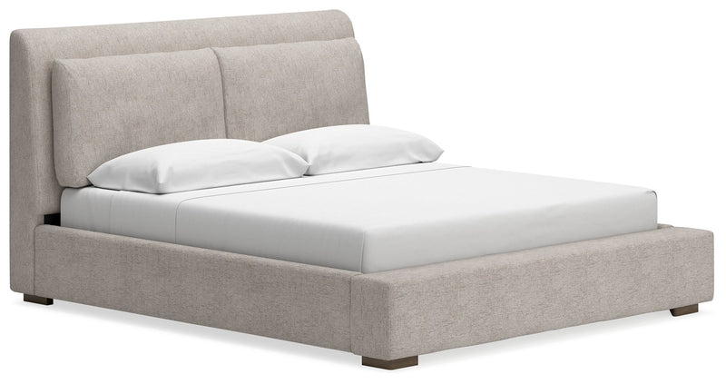Cabalynn California King Upholstered Bed with Chest and Nightstand in Light Brown from Ashley - Lara Furniture