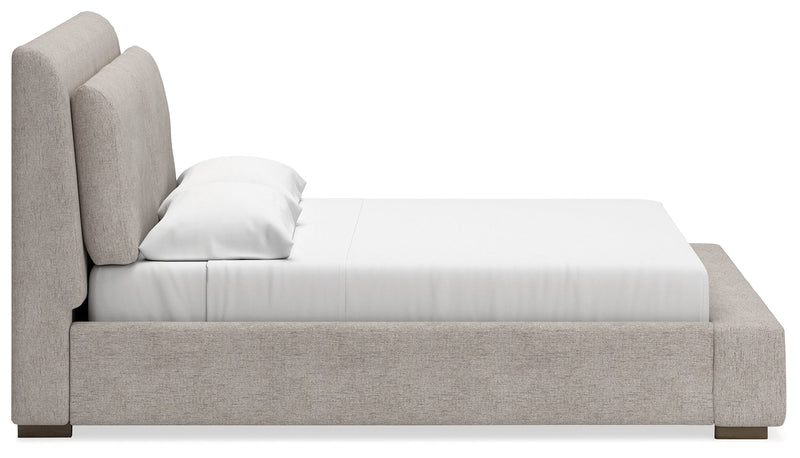Cabalynn California King Upholstered Bed with Chest and Nightstand in Light Brown from Ashley - Lara Furniture