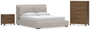 Cabalynn California King Upholstered Bed with Chest and Nightstand in Light Brown from Ashley - Lara Furniture