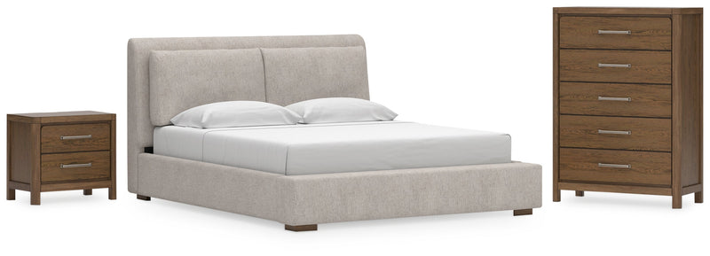 Cabalynn California King Upholstered Bed with Chest and Nightstand in Light Brown from Ashley - Lara Furniture
