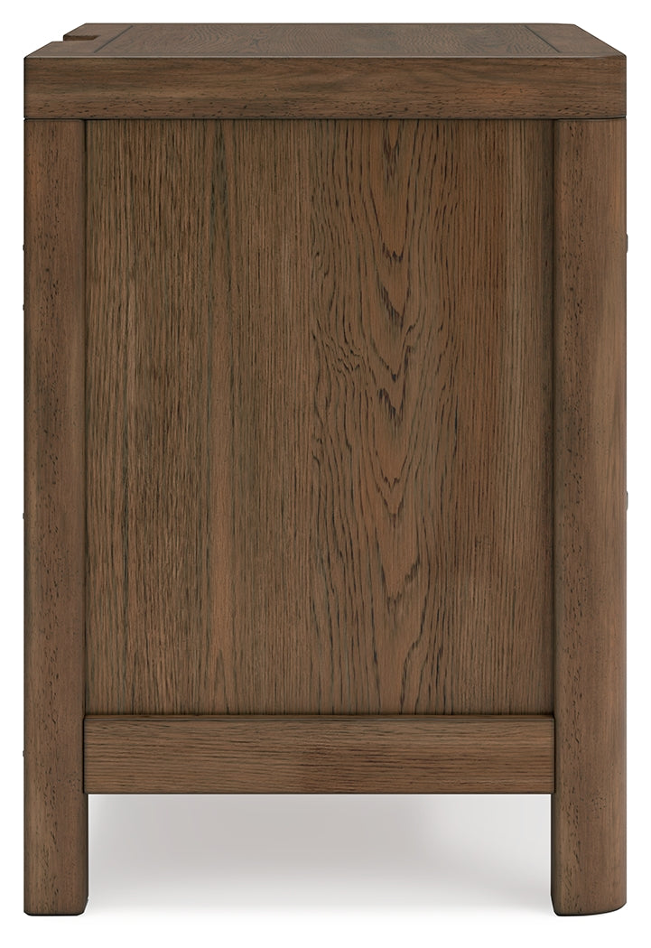 Cabalynn California King Upholstered Bed with Chest and Nightstand in Light Brown from Ashley - Lara Furniture