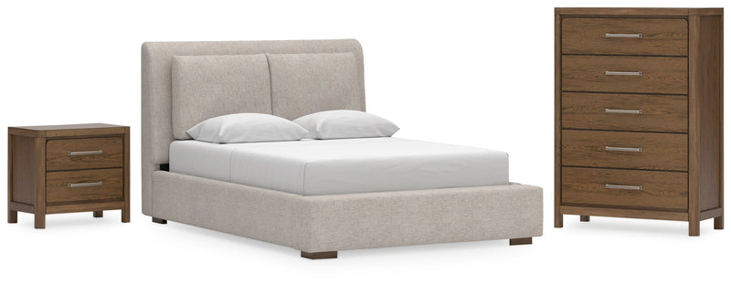 Cabalynn Queen Upholstered Bed with Chest and Nightstand in Light Brown from Ashley - Lara Furniture