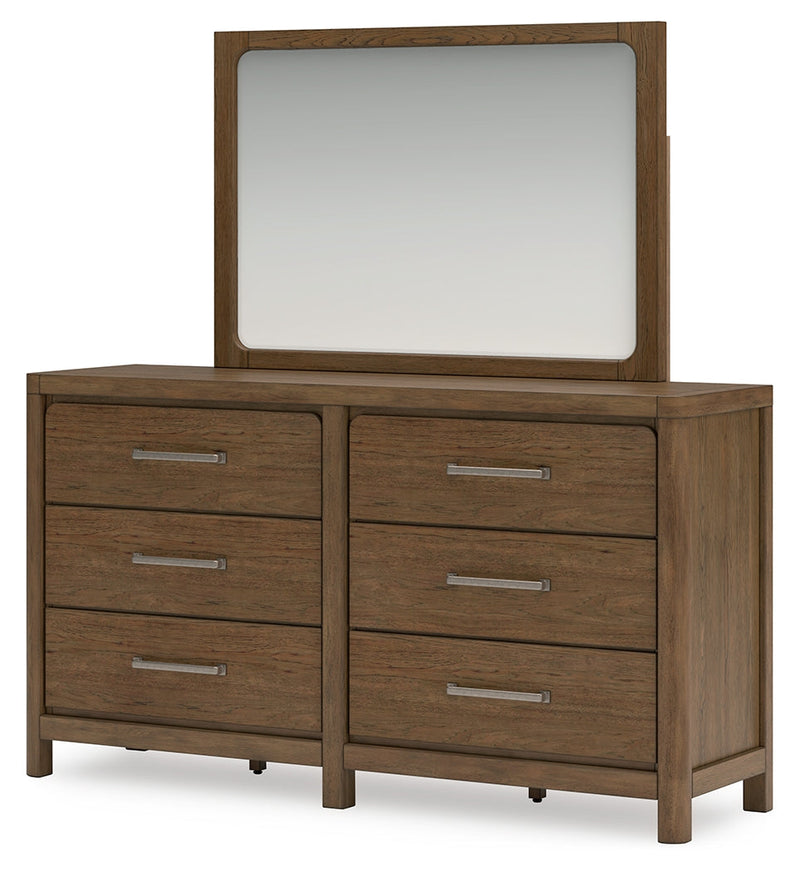 Cabalynn Queen Upholstered Bed with Mirrored Dresser and Chest in Light Brown - PKG015720