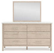 Cadmori Queen Upholstered Panel Bed with Mirrored Dresser and Chest in Two-tone from Ashley - Lara Furniture