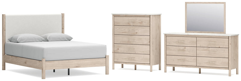 Cadmori Queen Upholstered Panel Bed with Mirrored Dresser and Chest in Two-tone from Ashley - Lara Furniture