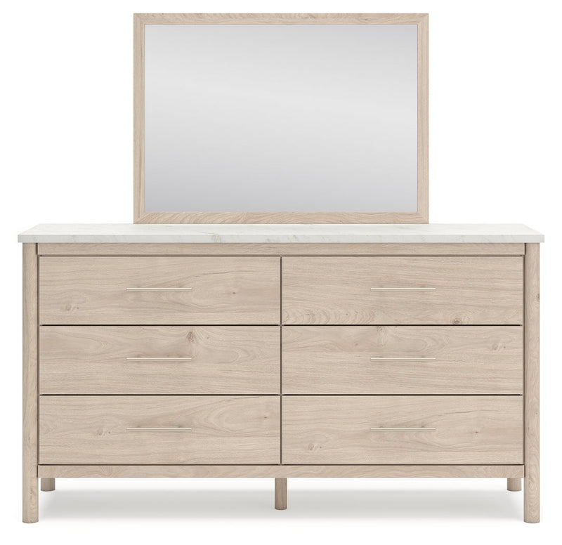 Cadmori Queen Upholstered Panel Bed with Mirrored Dresser, Chest and 2 Nightstands in Two-tone from Ashley - Lara Furniture