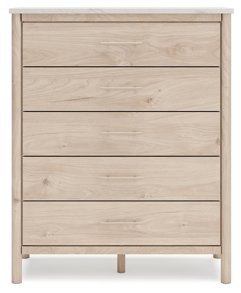 Cadmori Queen Upholstered Panel Bed with Mirrored Dresser, Chest and 2 Nightstands in Two-tone from Ashley - Lara Furniture