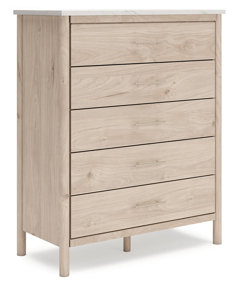 Cadmori Queen Upholstered Panel Bed with Mirrored Dresser, Chest and 2 Nightstands in Two-tone from Ashley - Lara Furniture