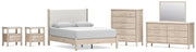 Cadmori Queen Upholstered Panel Bed with Mirrored Dresser, Chest and 2 Nightstands in Two-tone from Ashley - Lara Furniture